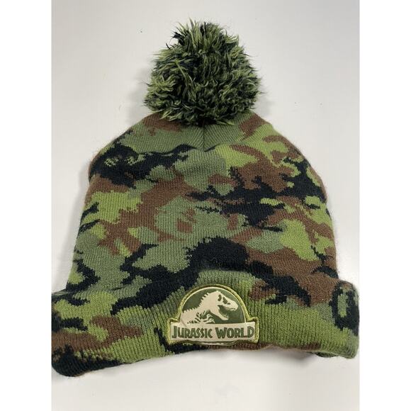 Jurassic World Beanie Green Camouflage Pom Pom Toddler Size 2T-5T Jurassic Park - Picture 1 of 6